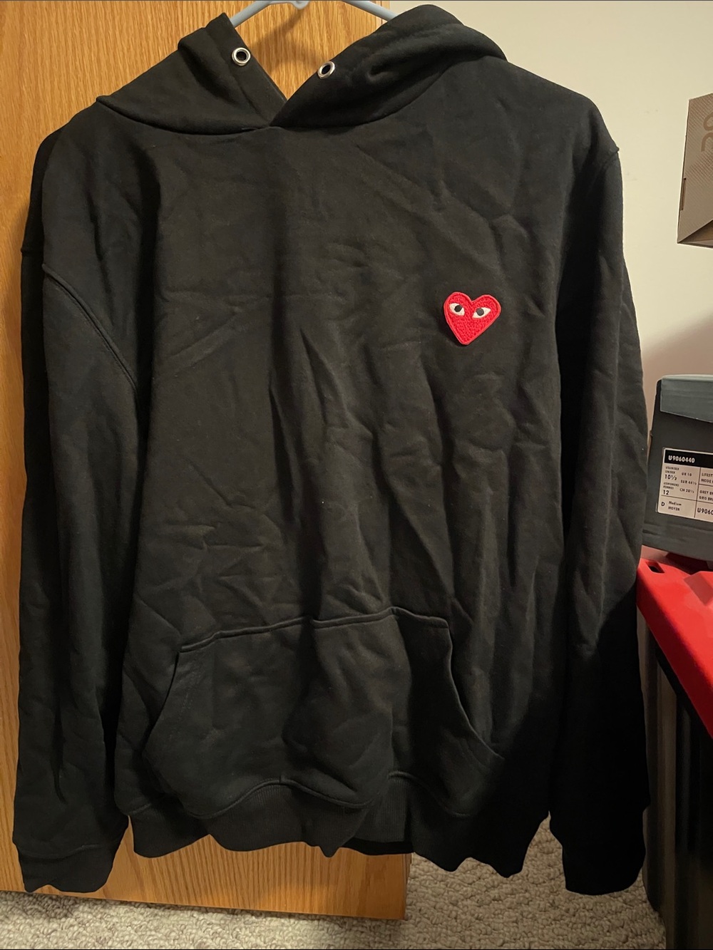 Comme des Garcons Black Hoodie with Red Heart Patch